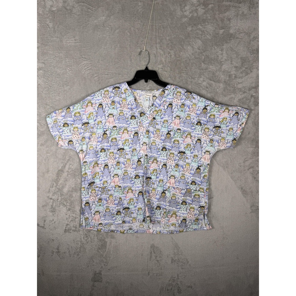 Cherokee Scrub Shirt Womens‎ 2XL Purple Angel Print V Neck Medical Nursing Top